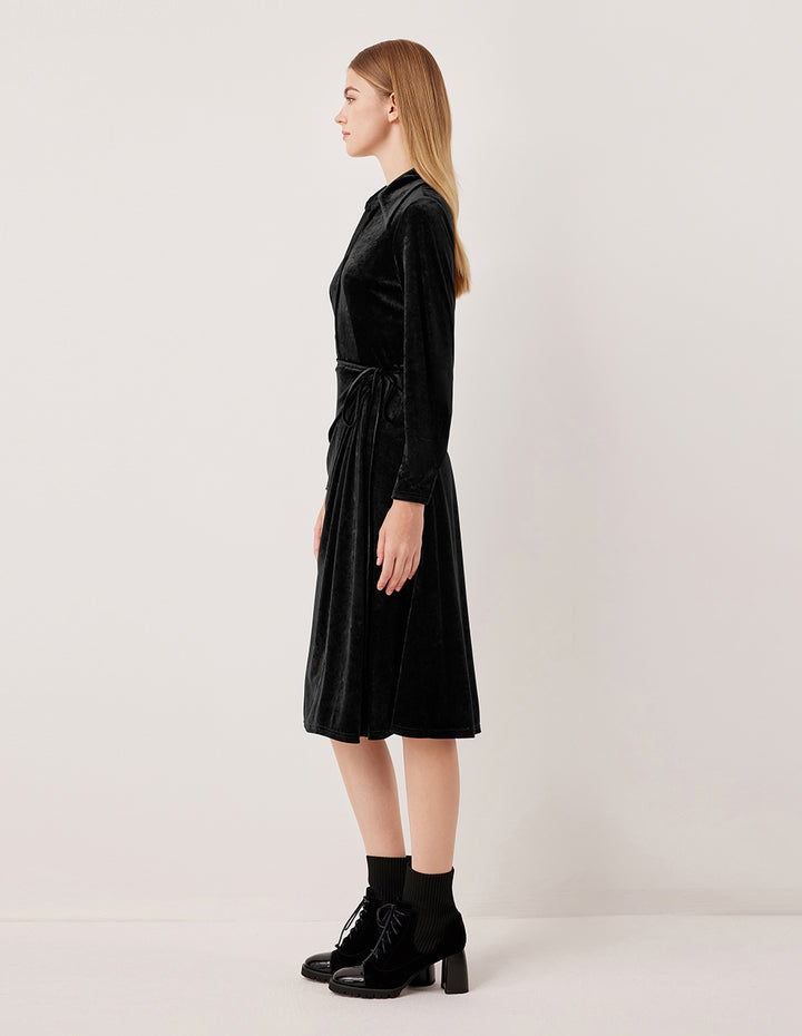 MARYLING V-Neck Ruched Velvet Midi Dress with Side Slit