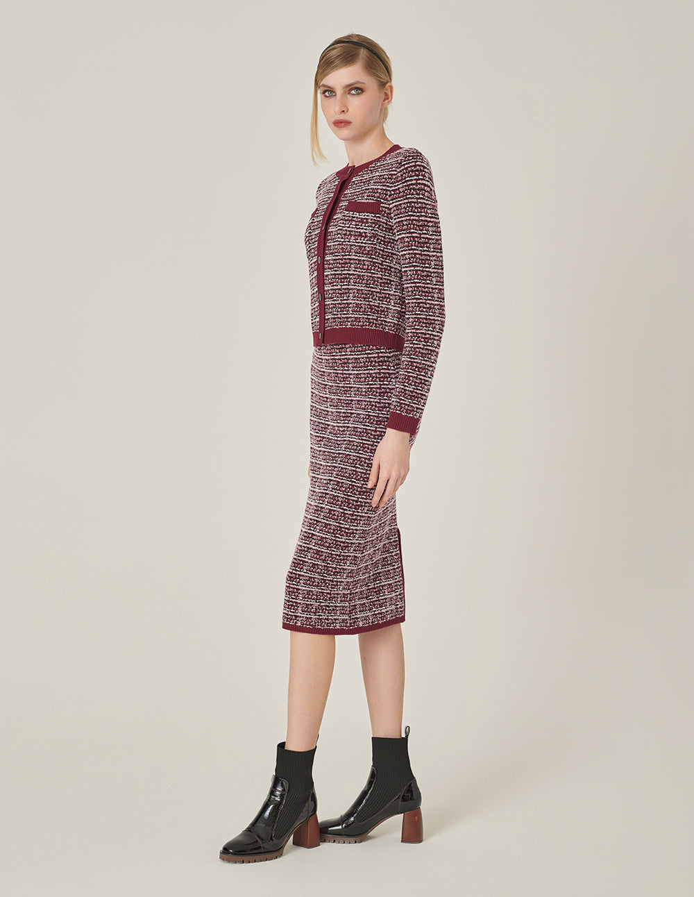 MARYLING Red & Black Plaid Imitation Tweed Knitted Knee-Length Straight Skirt