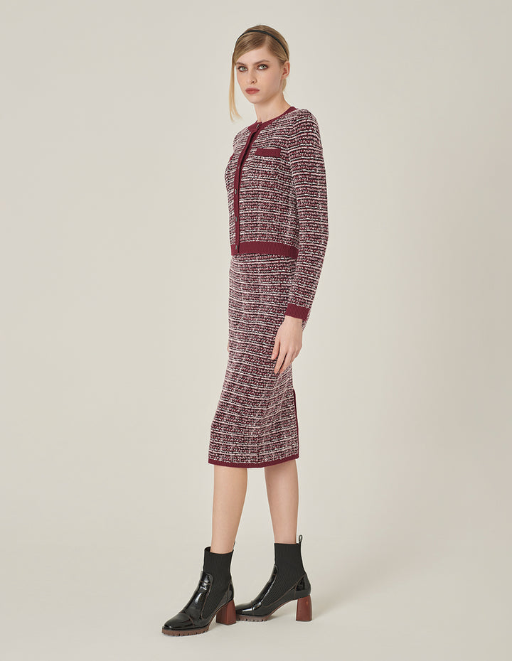 MARYLING Red & Black Plaid Imitation Tweed Knitted Knee-Length Straight Skirt