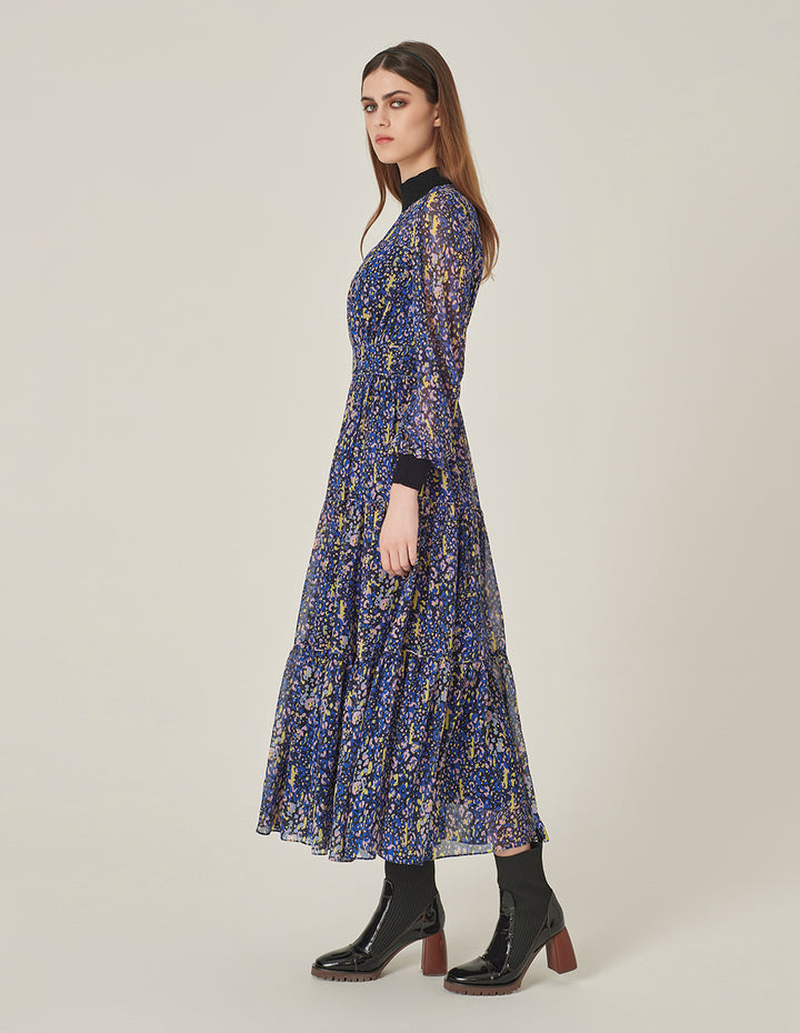 MARYLING Stand Collar Georgette Printed Pleated Mid-Length Dress