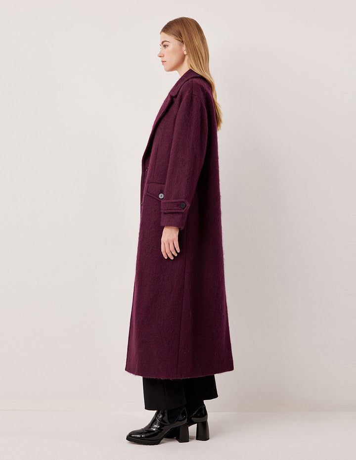 MARYLING Notched Collar Double-Breasted Angora Red Long Coat
