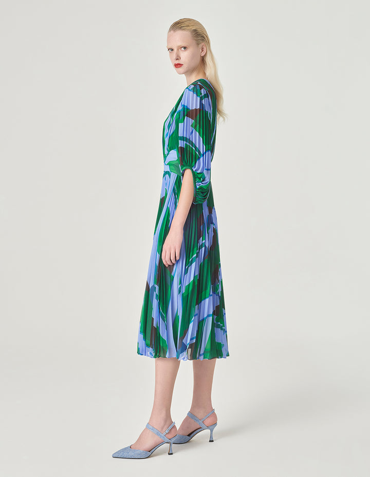 MARYLING V-Neck Mid-Length Sleeve A-Line Printed Dress