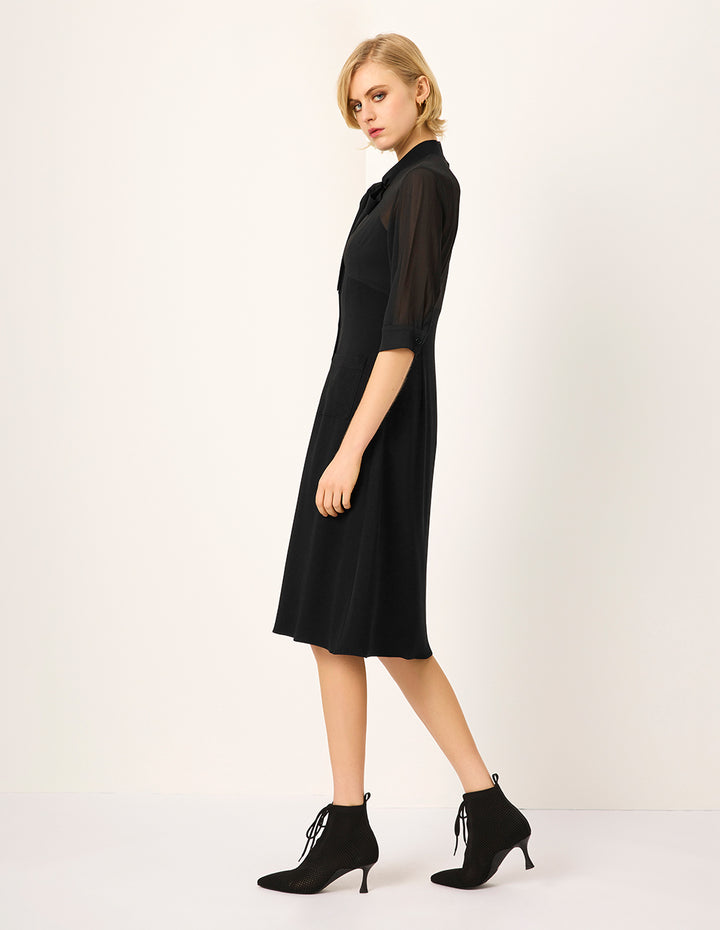 MARYLING Tie Half-Sleeve A-Line Midi Black Shift Dress