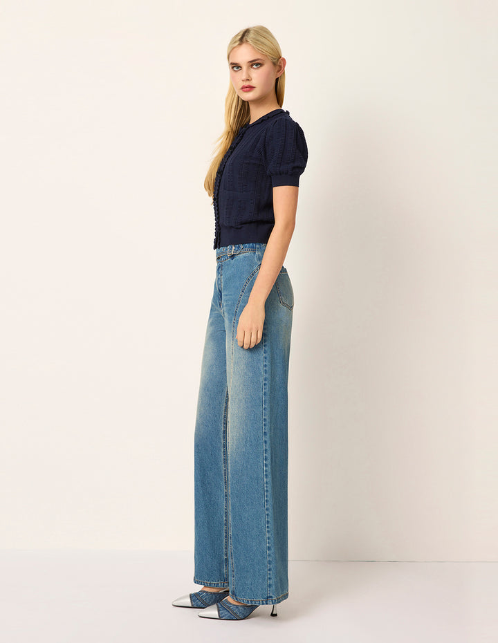 MARYLING Round-Neck Ruffle Short-Sleeve Textured Knit Cardigan