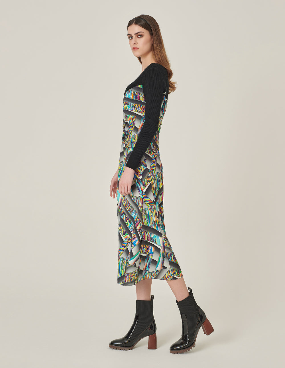 MARYLING Round-Neck Long-Sleeve Empired Knitted Printed Midi Dress
