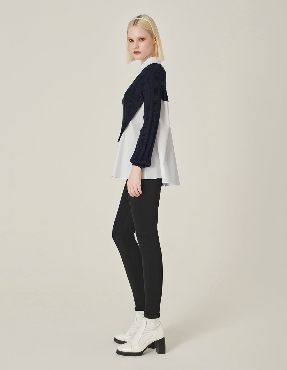 MARYLING Blue A& White Long-Sleeve Patchwork Knitted Blouse