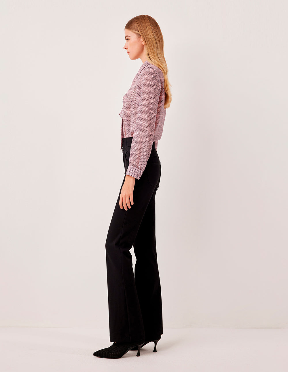 MARYLING Lapel Bow-Tie Long Sleeve Plaid Sheer Blouse