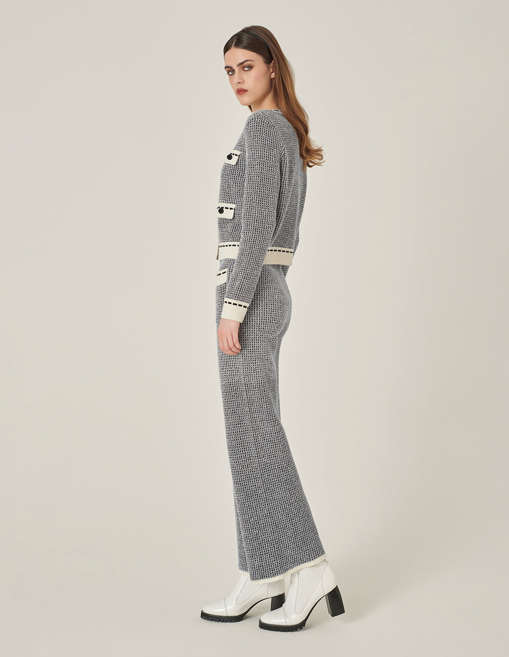 MARYLING Black & White Wool Knitted Wide-Leg Trousers