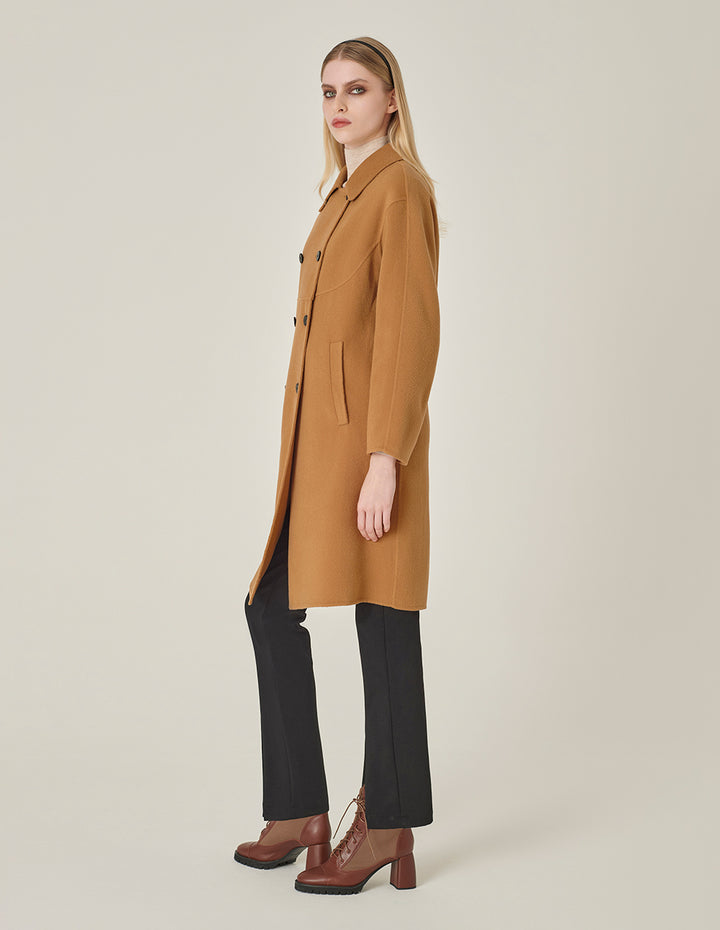 MARYLING Round-Neck Double-Breasted H-Shaped Camel-Colored Cashmere Coat