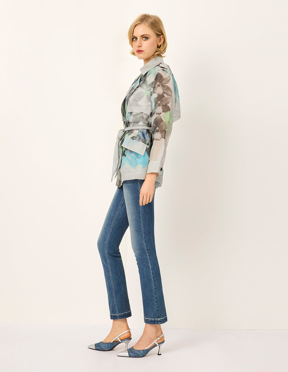 MARYLING Peaked Lapel Collar Oil Painting Tie-Waist Mid-Length Windbreaker