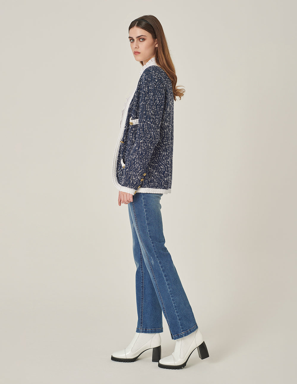 MARYLING Tweed Multi-Pocket V-Neck Knitted Cardigan