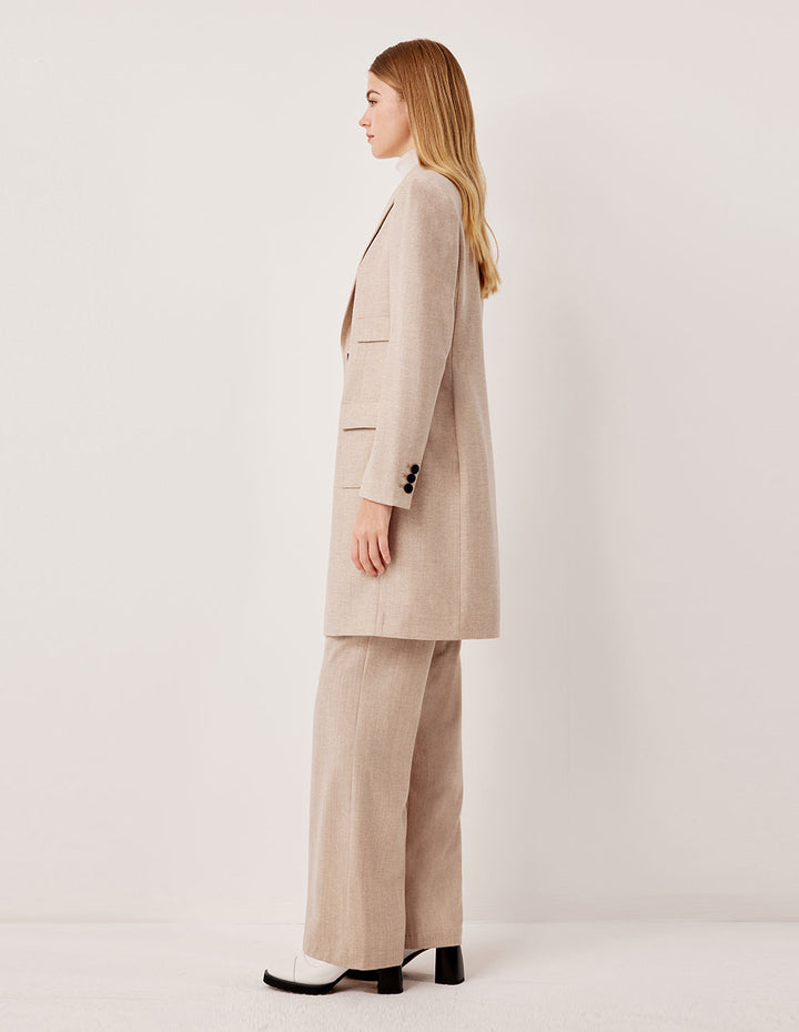 MARYLING Peaked Lapel Vintage Double-Breasted Beige Long Wool Coat