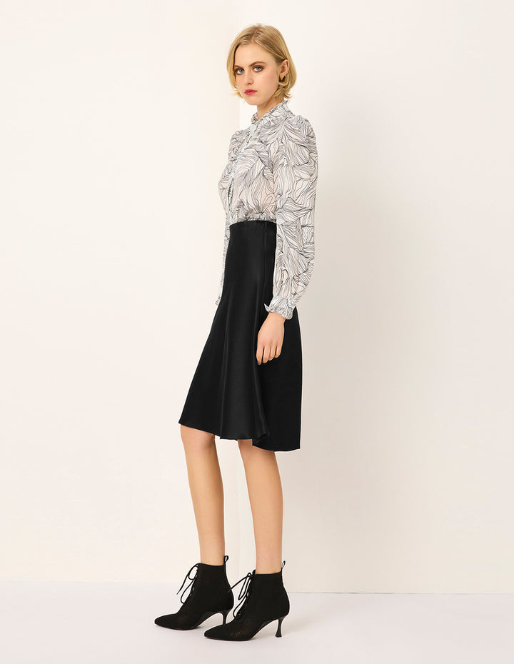 MARYLING Ruffled Stand Collar Black Stripe Printed Long-Sleeve Silk Blouse