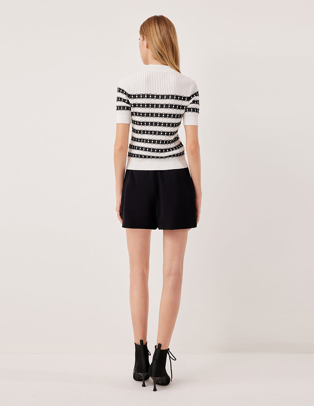 MARYLING Round Neck Short Sleeve Lace Textured Stripe Knit Top