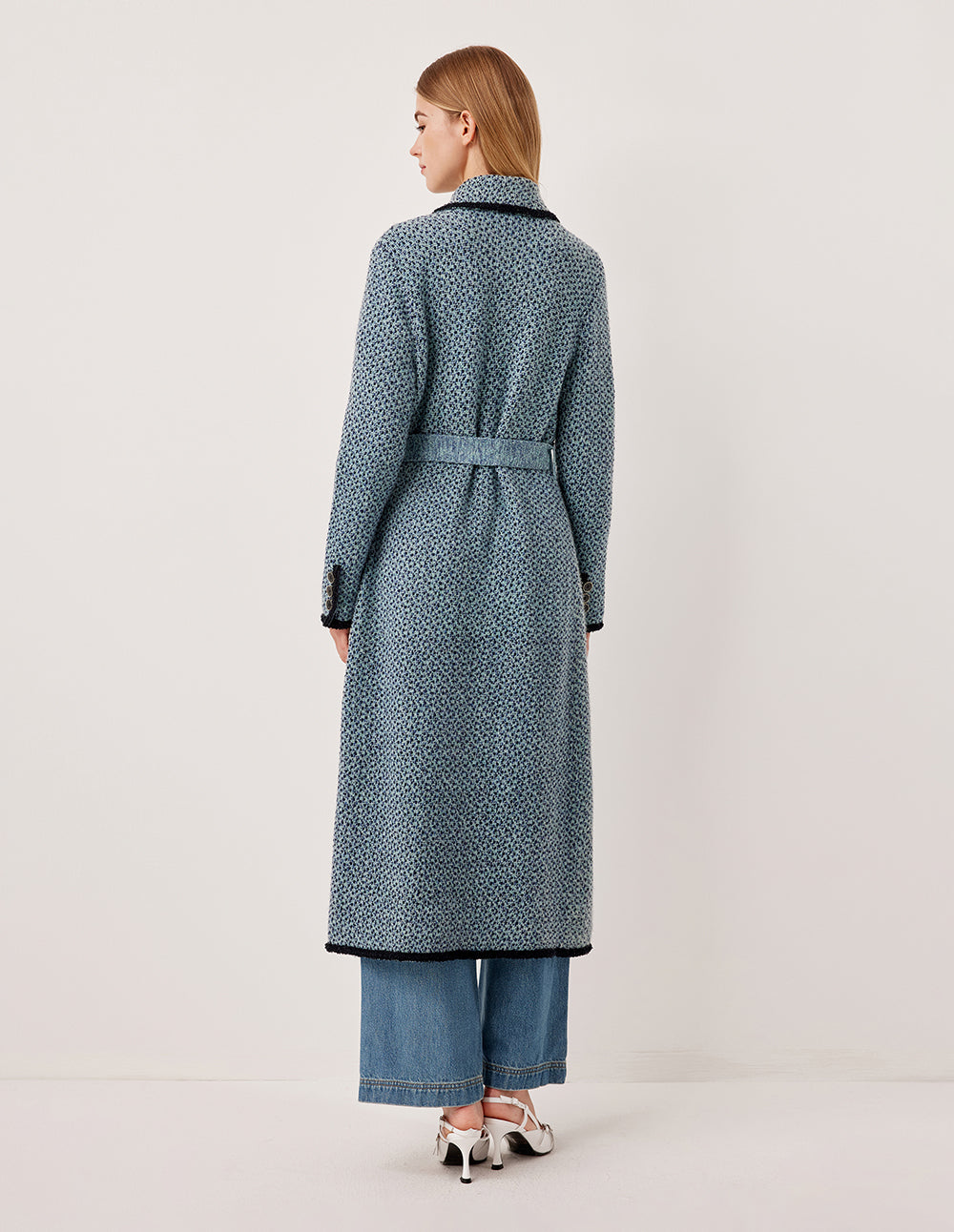 MARYLING Peaked Lapel Black Trim Wrap Long Knit Cardigan with Belt