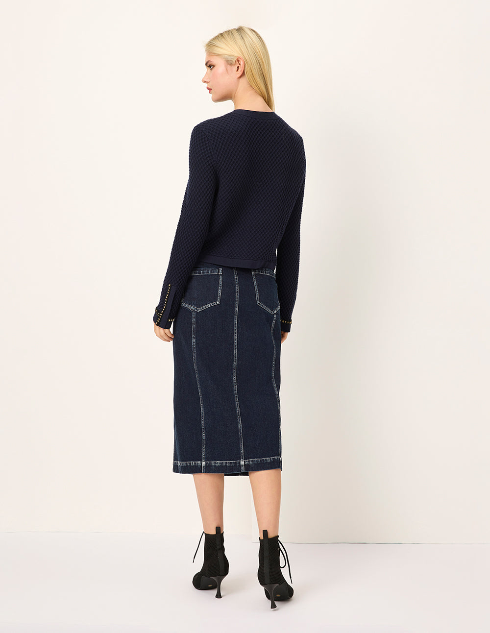 MARYLING White Trim Slit Knee-Length Denim Skirt