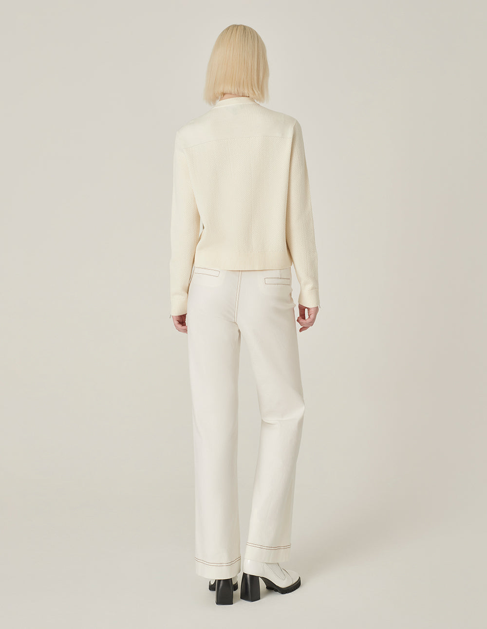 MARYLING White Round Neck Long-Sleeve Zipper Knit Cardigan