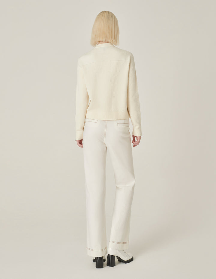 MARYLING White Round Neck Long-Sleeve Zipper Knit Cardigan