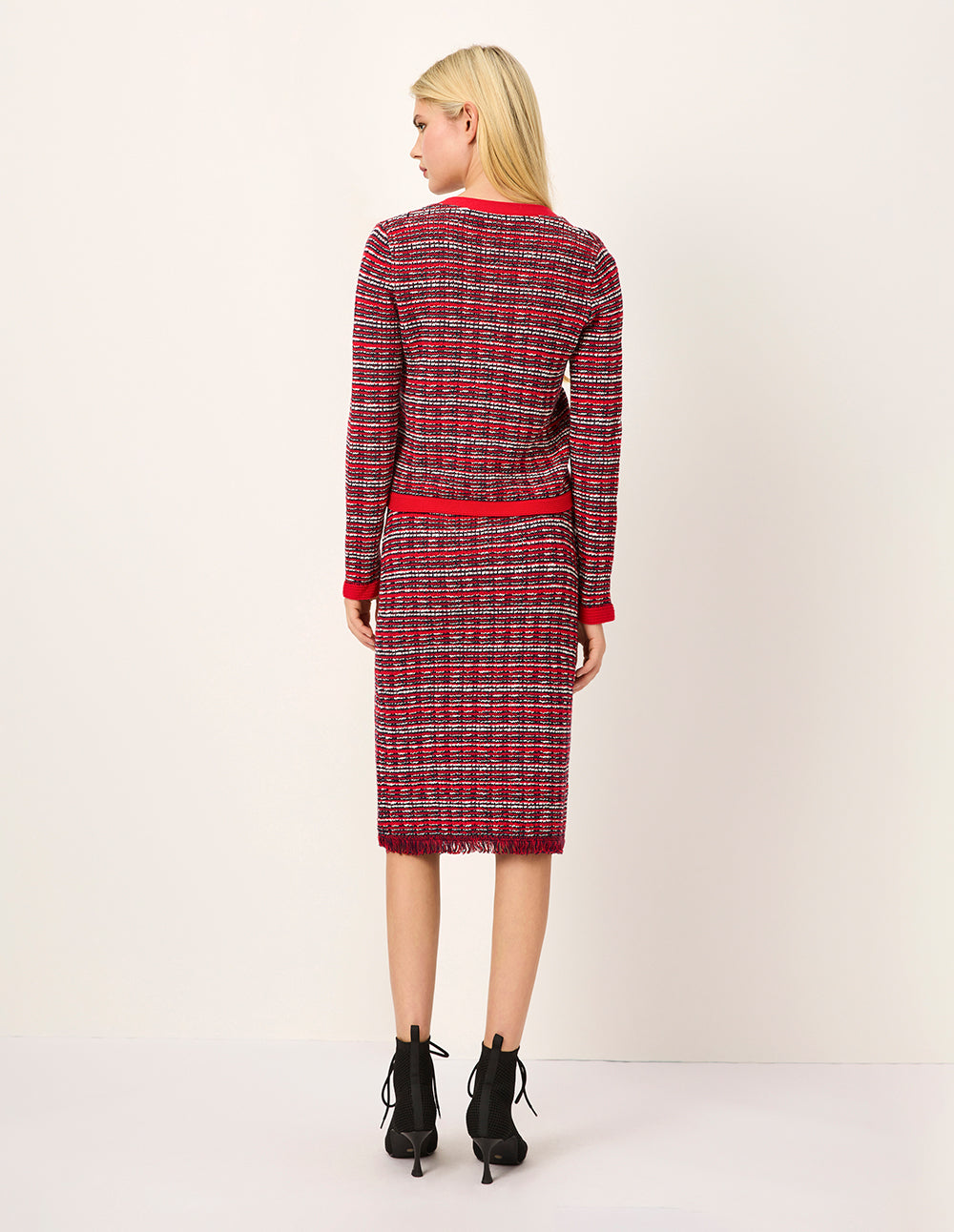 MARYLING V-Neck Red & White Checkered Tweed Multi-Pockets Knit Cardigan