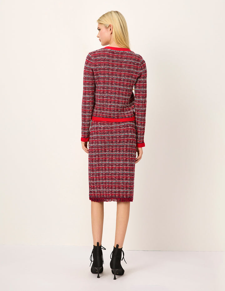 MARYLING V-Neck Red & White Checkered Tweed Multi-Pockets Knit Cardigan