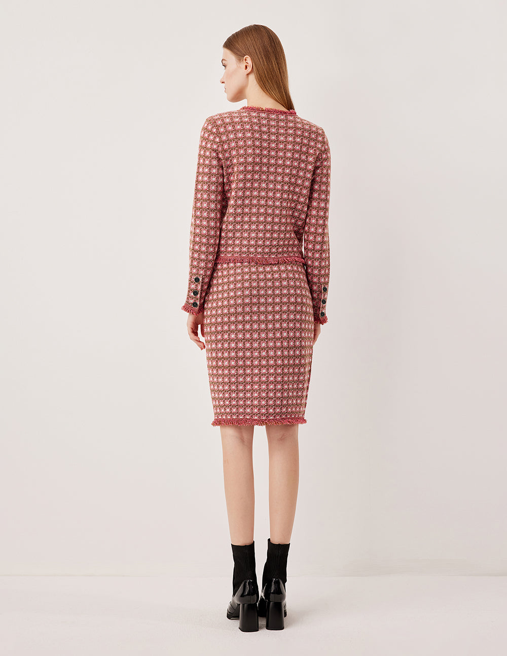 MARYLING Round Neck Long Sleeve Plaid Double-Breasted Knit Cardigan