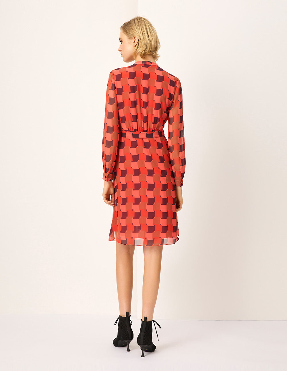 MARYLING Red Houndstooth Wrap Printed Midi Dress