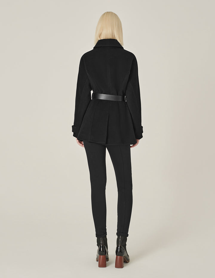 MARYLING Black Lapel Zipper Design Belted Double-Faced Coat