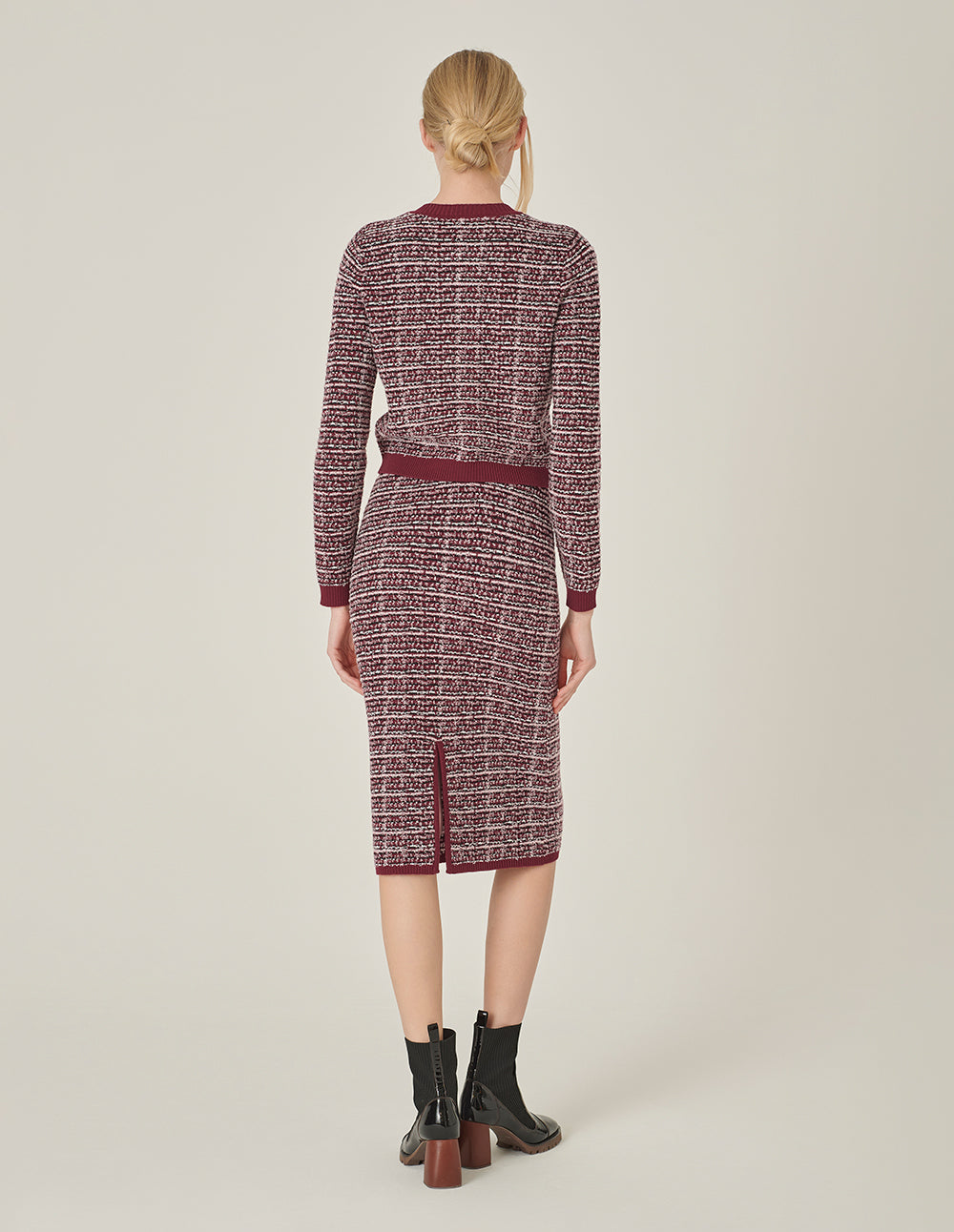 MARYLING Red & Black Plaid Imitation Tweed Knitted Knee-Length Straight Skirt