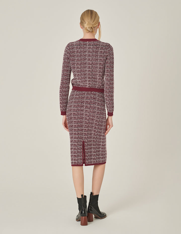 MARYLING Red & Black Plaid Imitation Tweed Knitted Knee-Length Straight Skirt