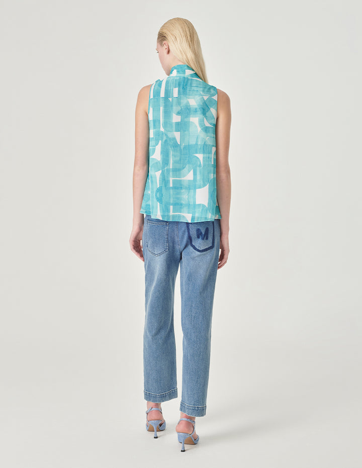 MARYLING Sleeveless Strappy Ruffled Printed Top