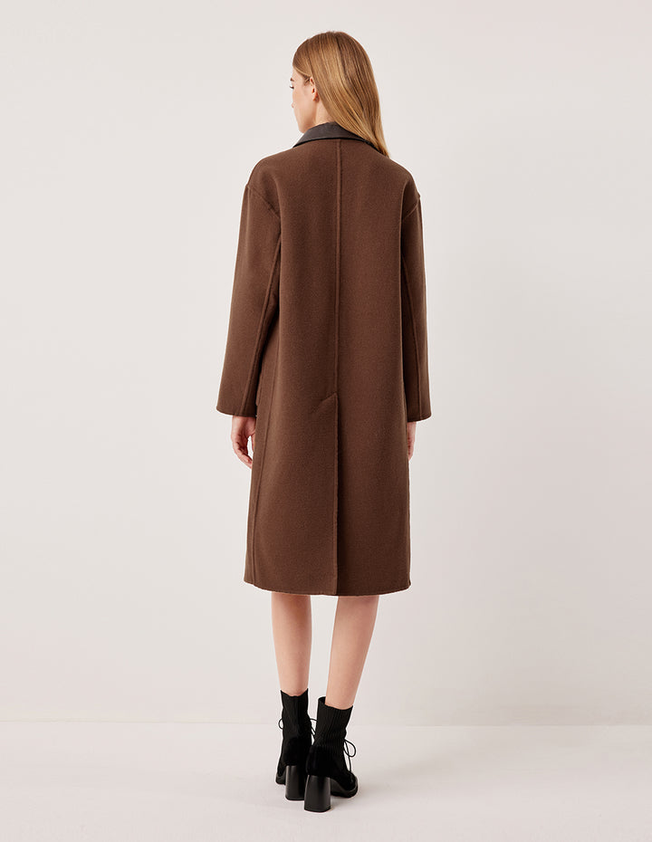 MARYLING Sheepskin Collar Patchwork Alpaca Double-Breasted H-Line Coat