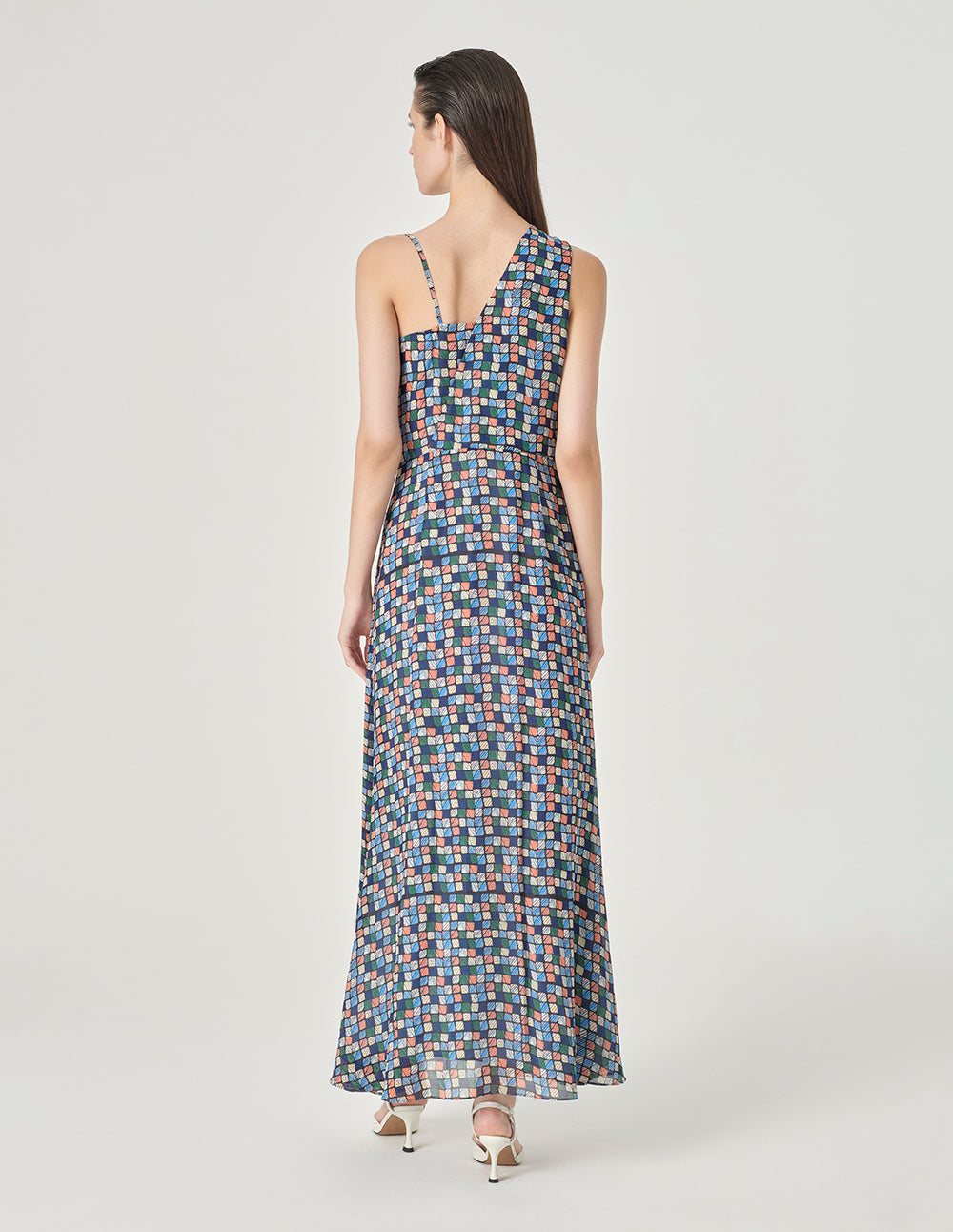 MARYLING Asymmetrical V-Neck Tie-Waist Plaid Print Maxi Dress