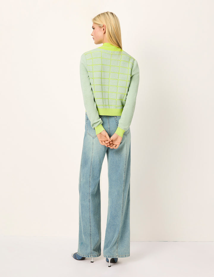 MARYLING Half-Turtleneck Plaid Floral Embroidery Knit Vest