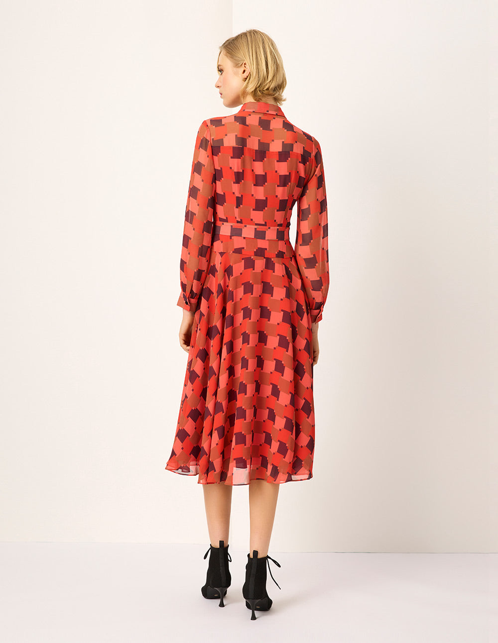 MARYLING Red Houndstooth Print Midi Shirt Dress