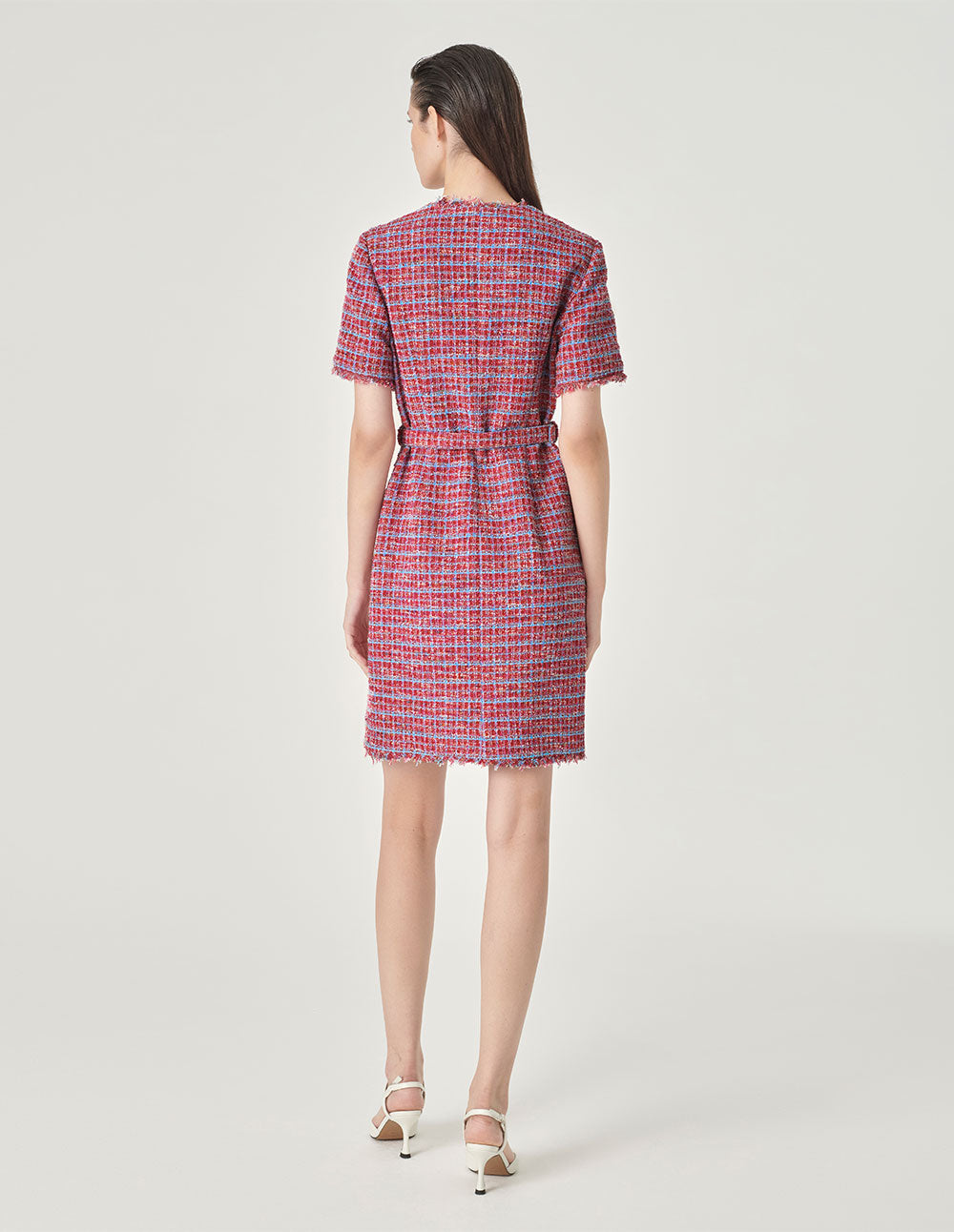 MARYLING Powder Blue Plaid Tweed Short-Sleeved Dress