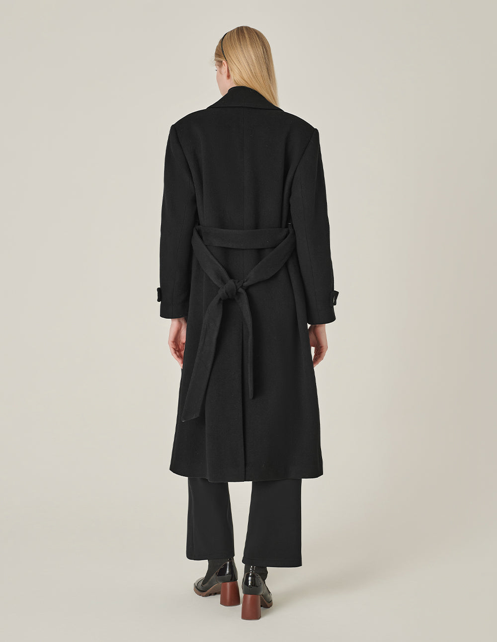 MARYLING Black Notched Lapel Wrap H-Shaped Belted Wool Coat