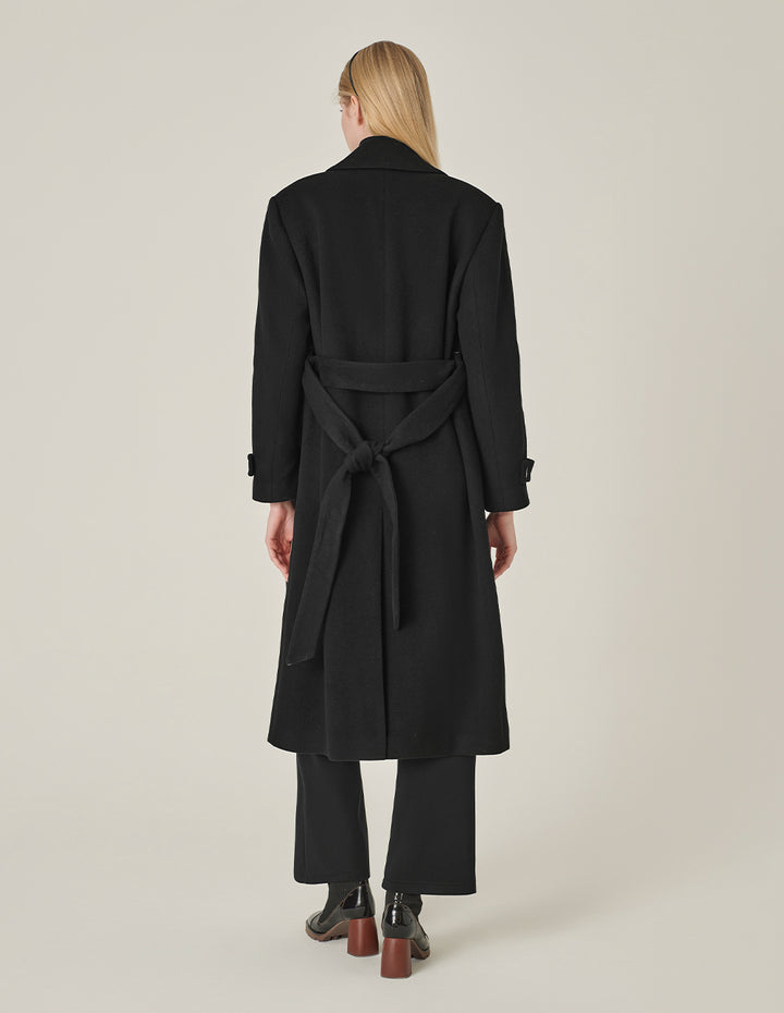 MARYLING Black Notched Lapel Wrap H-Shaped Belted Wool Coat