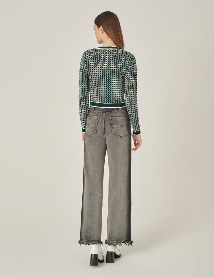 MARYLING Round Neck Glitter Checked Long-Sleeve Cropped Knitted Cardigan