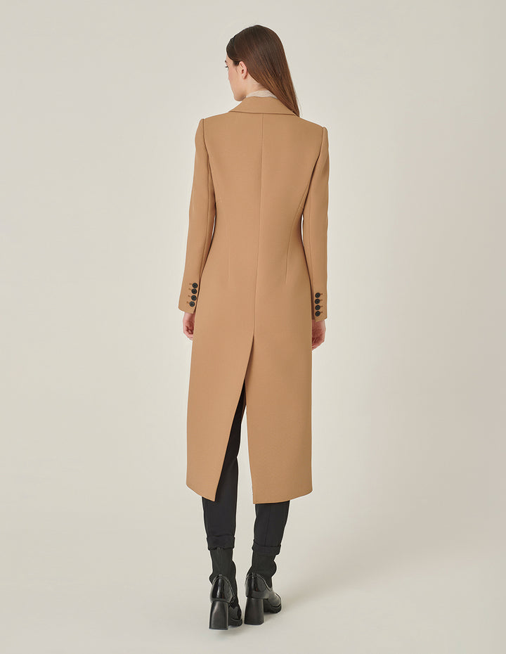 MARYLING Camel Peaked Lapel Double-Breasted Long Coat