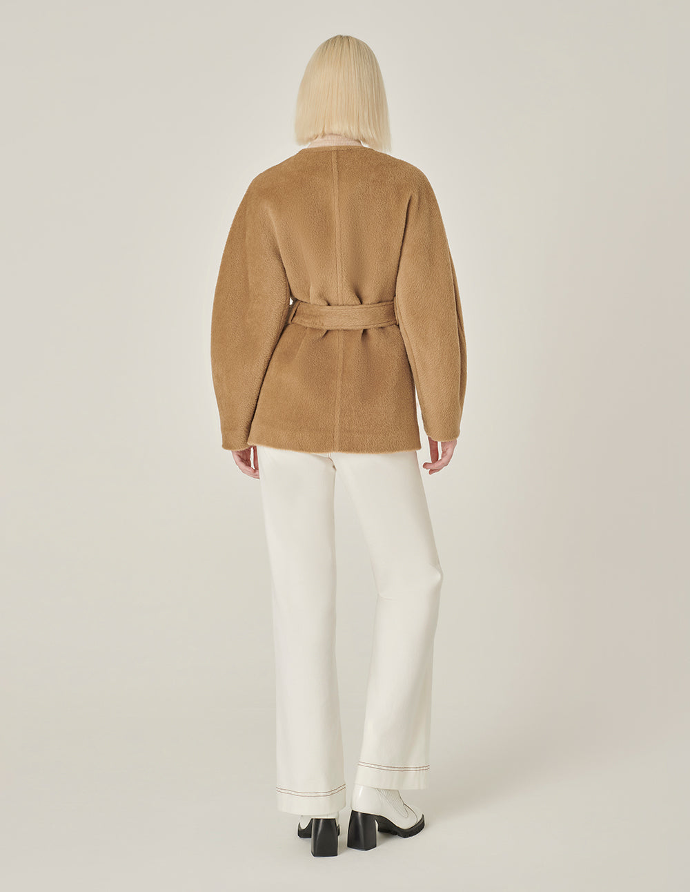 MARYLING Crew-Neck Single Oblique Breasted Belted Long-Sleeve Cashmere Coat