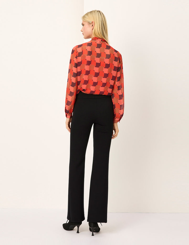 MARYLING Red Houndstooth V-Neck Tie-Front Blouse