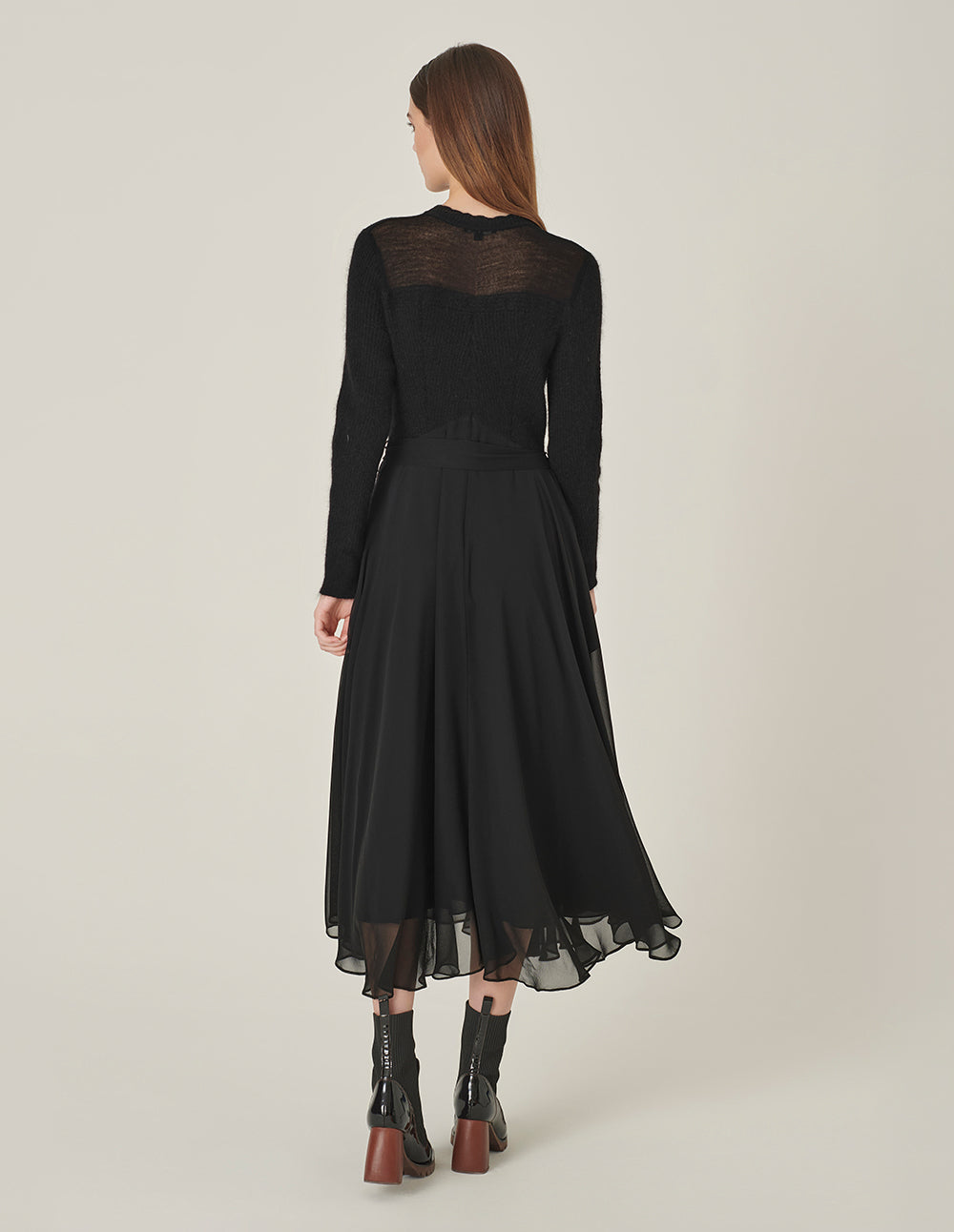 MARYLING Crew-Neck Long-Sleeve Empire Large-Hem Pleated Knitted Midi Dress