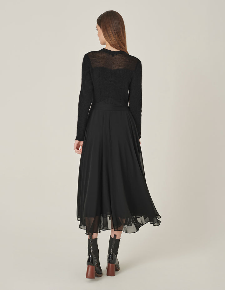 MARYLING Crew-Neck Long-Sleeve Empire Large-Hem Pleated Knitted Midi Dress