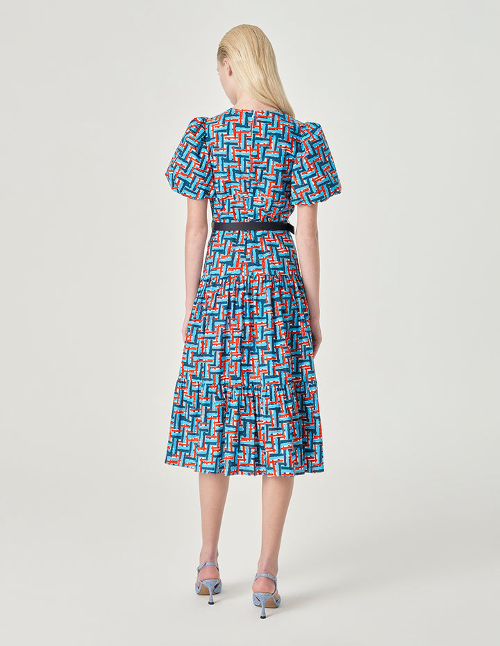 MARYLING Plaid V-Neck Puff Short Sleeve A-Hem Dress