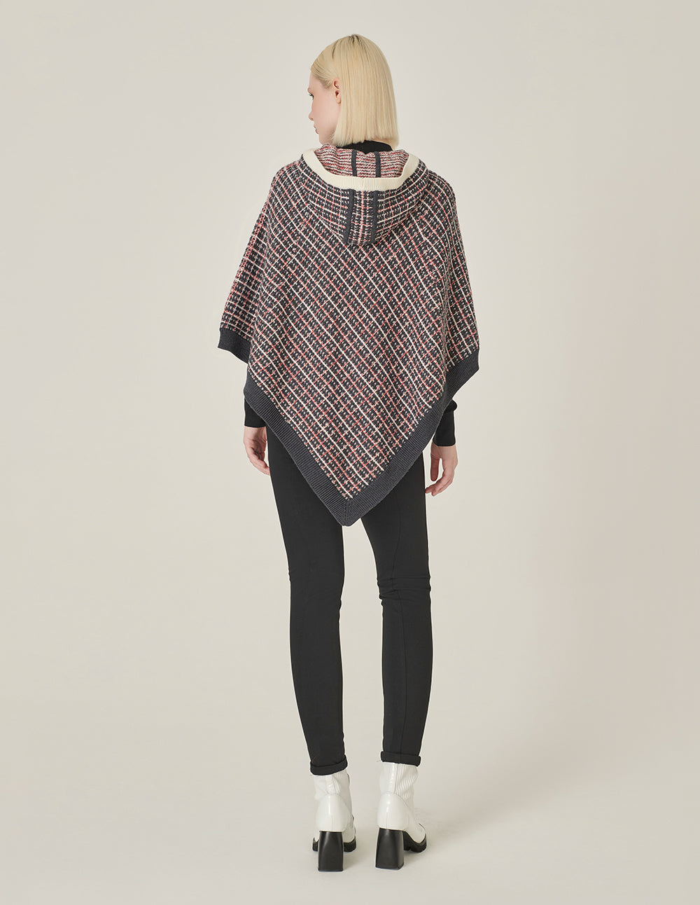 MARYLING Red And Black Hooded Knitted Plaid Shawl