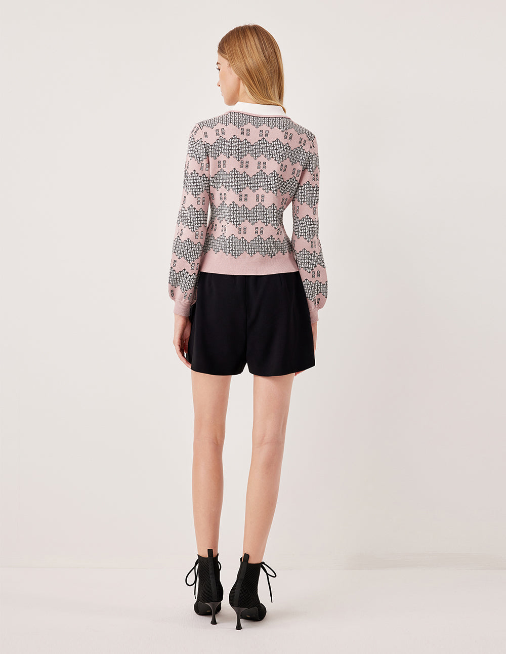 MARYLING Peter Pan Collar Long Puff Sleeve Pink Garden Print Knit Cardigan