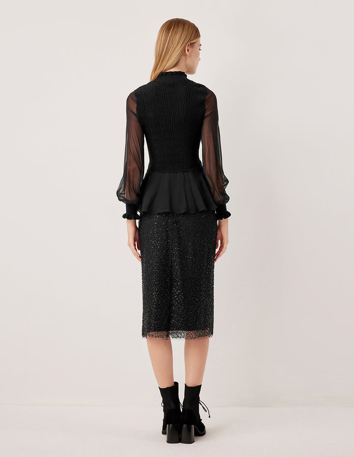 MARYLING Black Shiny Double-Layer High-Waisted Straight Skirt