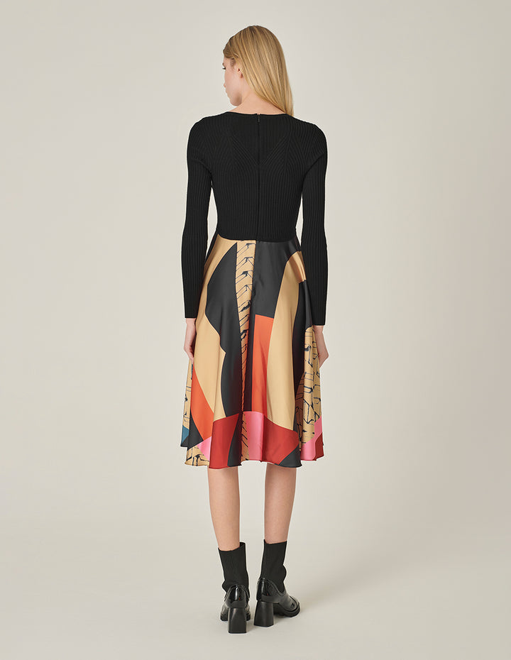 MARYLING V-Neck Printed Knitted Patchwork Dress