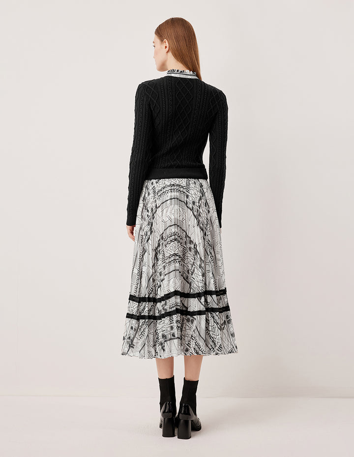 MARYLING Stand Collar Tie-Front Print Knit Midi Dress