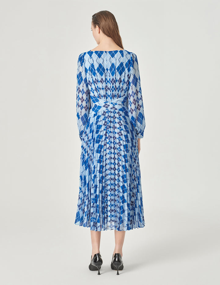 MARYLING Blue And White Diamond Plaid V-Neck A-Hem Dress